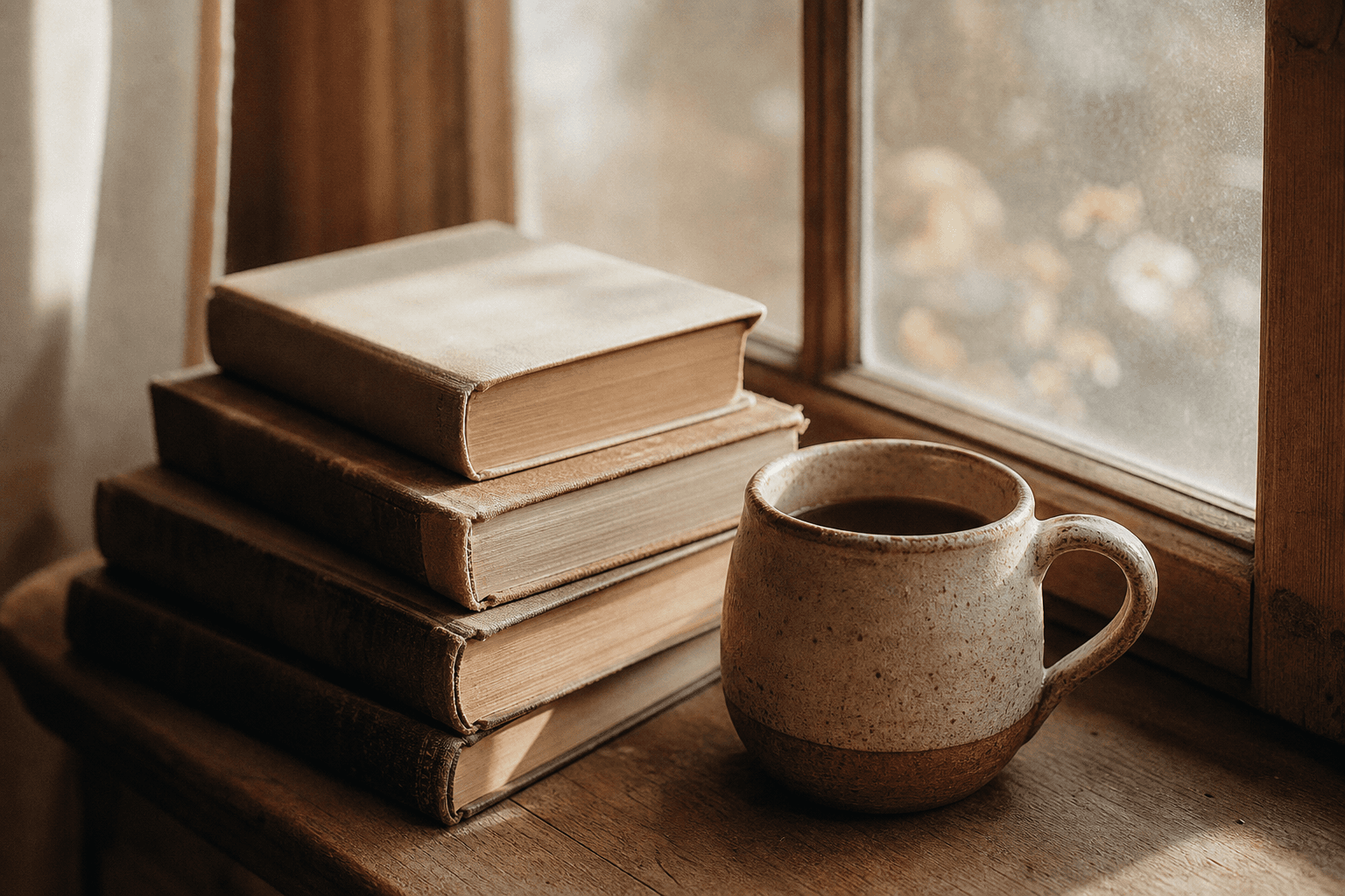 A stack of books and a ceramic mug on a sunlit windowsill